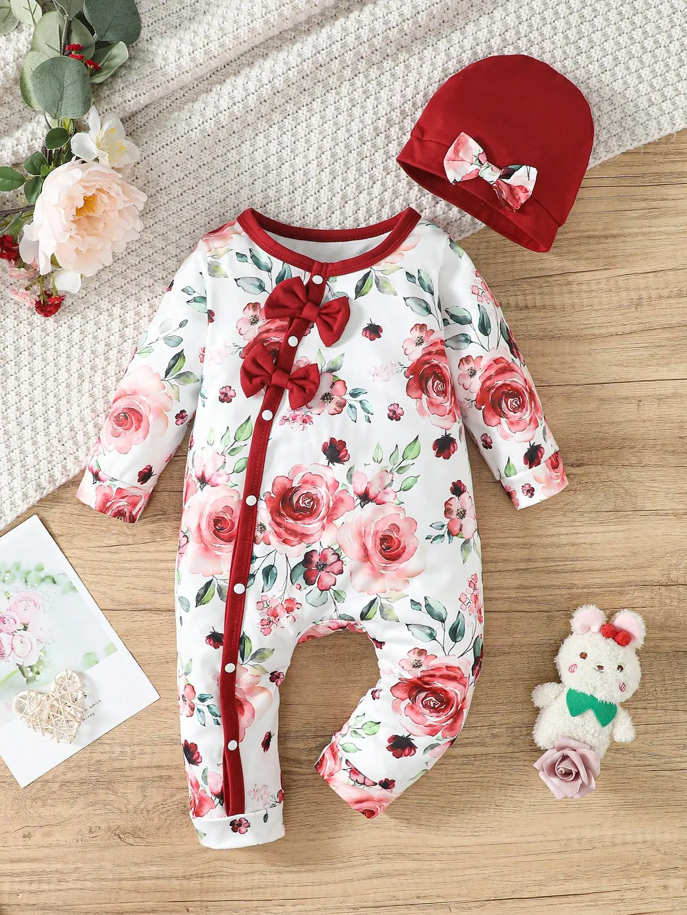 Baby Girls 1-24m Bow Soft And Comfortable Body Floral Design Romper And Hat Spring And Autumn