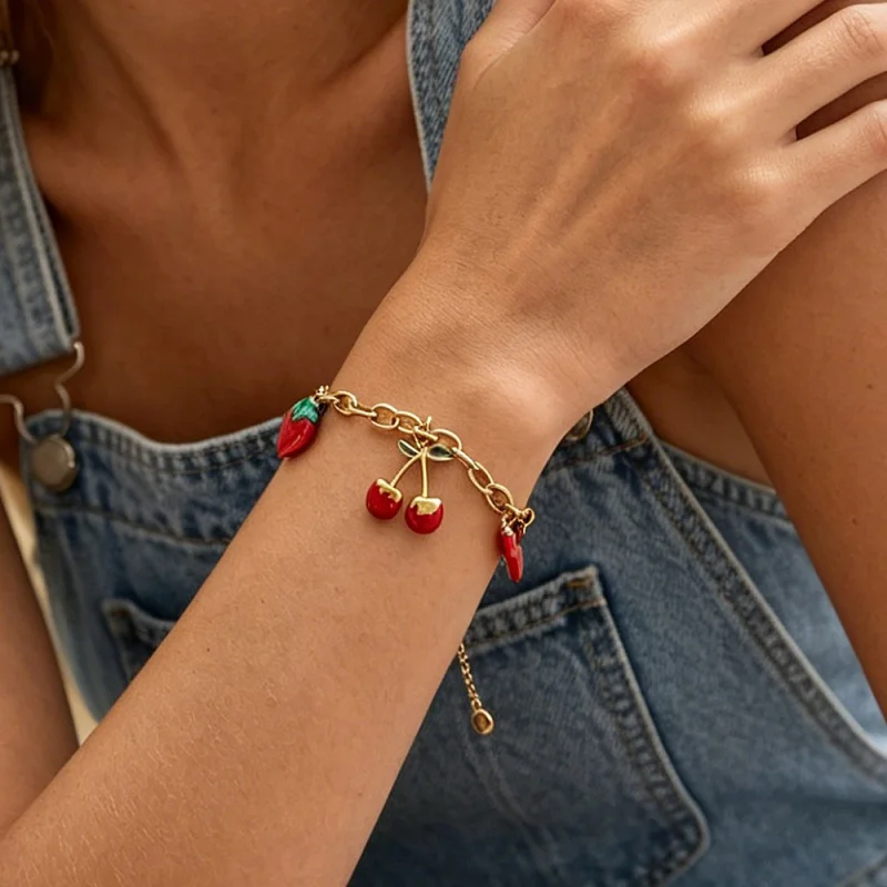 Titanium Steel Enamel Strawberry, Cherry, and Chili Pepper Pendant Bracelet