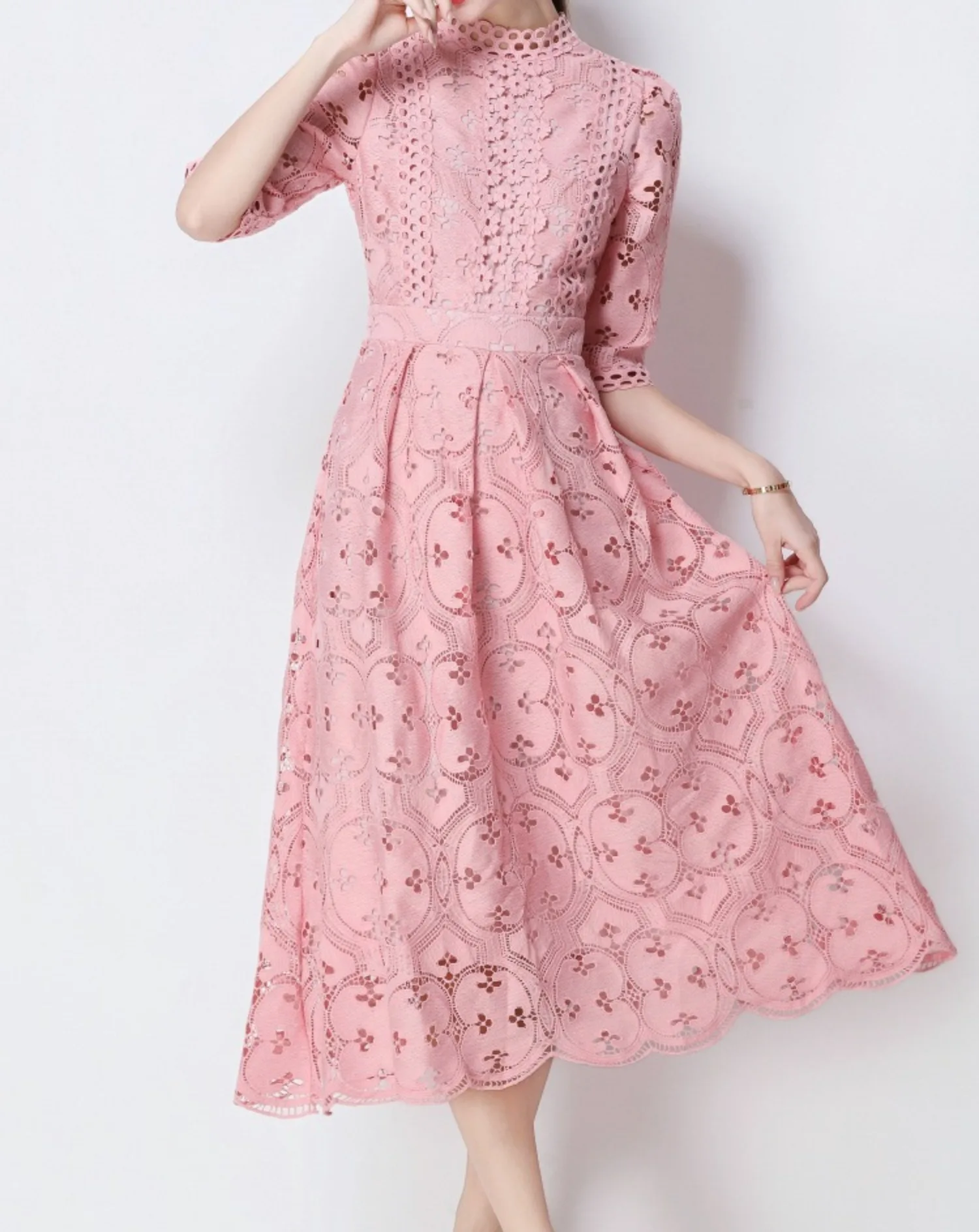 فستان وردي مجوف للنساء برقبة دائرية صيفي عالي الخصر أنيق فيستدوس ملابس خروج أنيقة عتيقة للسيدات