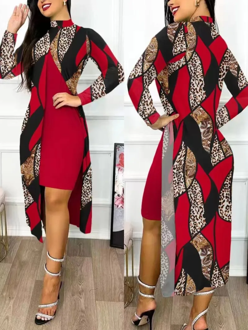 Women\'s Printed Slit Dress High Neck High Waist Hollow Long Sleeve Fashion Loose Casual Sexy Slit Asymmetrical Office Clothing