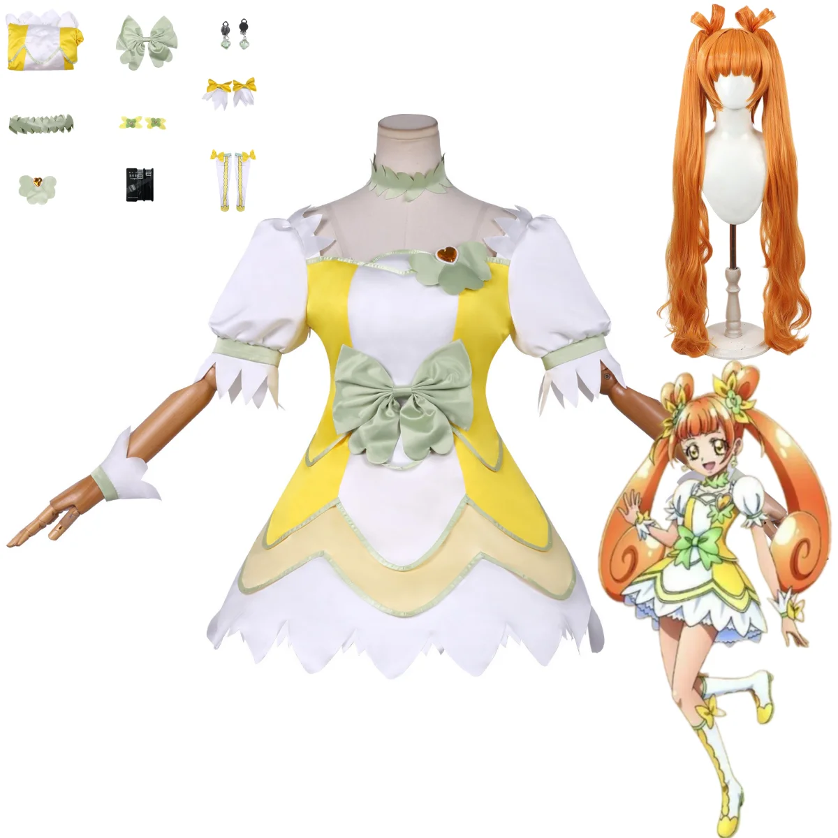 

Anime Doki Doki! PreCure Cure Rosetta Cosplay Costume Yellow Princess Dress Headwear Wig Woman Cute Masquerade Party Suit