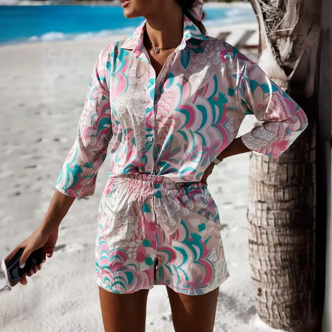 Fashion Long Sleeve Print Beach Shirts And Shorts Two Piece Sets Women 2024 Summer Casual Vintage Holiday Outfits 2 Piece Set