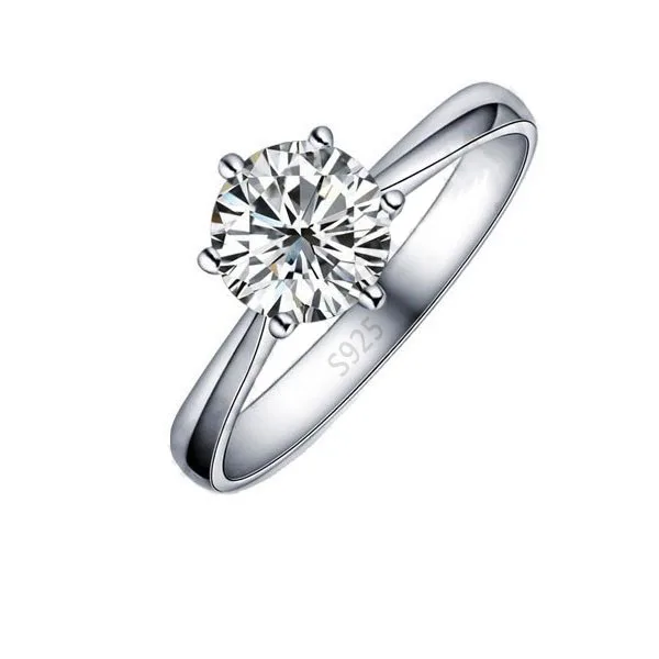 Hot Classic Real Pure 925 Sterling Silver Jewelry Crystal Cubic Zirconia CZ 6 Claws Women Finger Rings Nice Gift