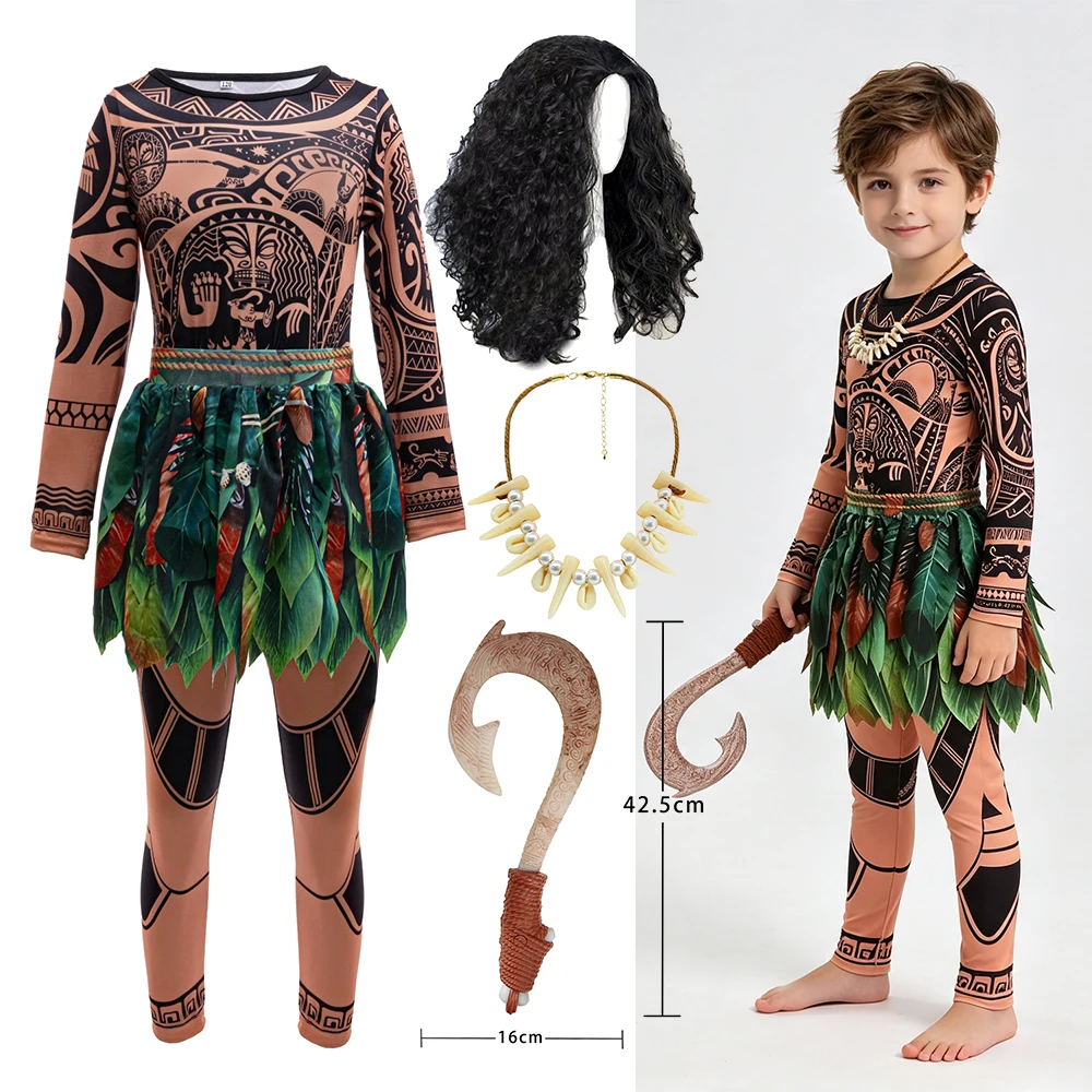Halloween Boys Island Themed Fancy Dress Costume Set With Wig Necklace And Fish Hook Prop For Theme Party