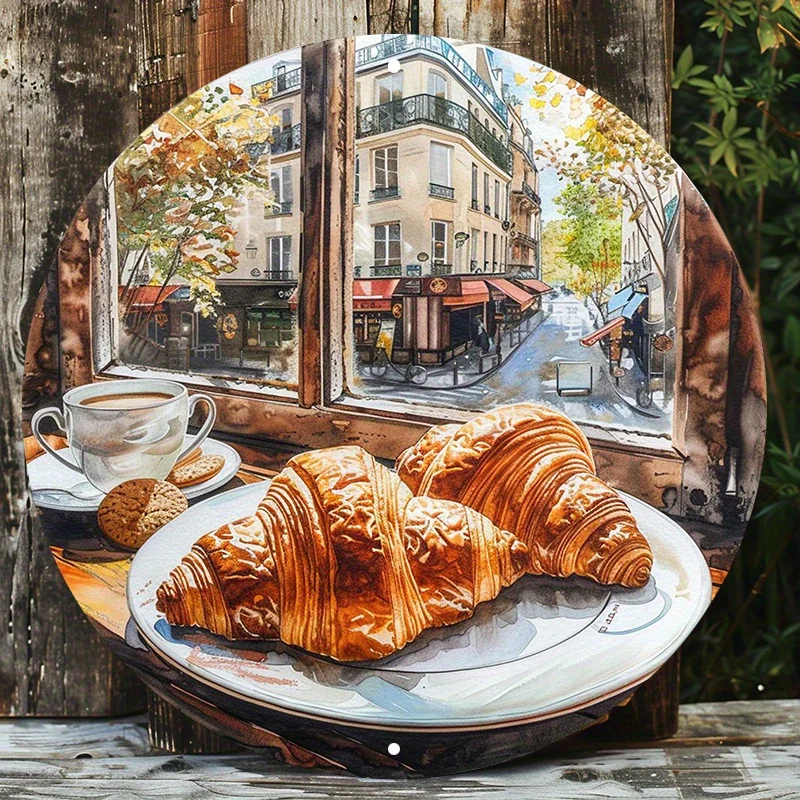 Impresión artística de aluminio Parisian Cafe & Croissants - Decoración de pared redonda de 8" con orificio preperforado, colgador de puerta resistente a la intemperie, textur
