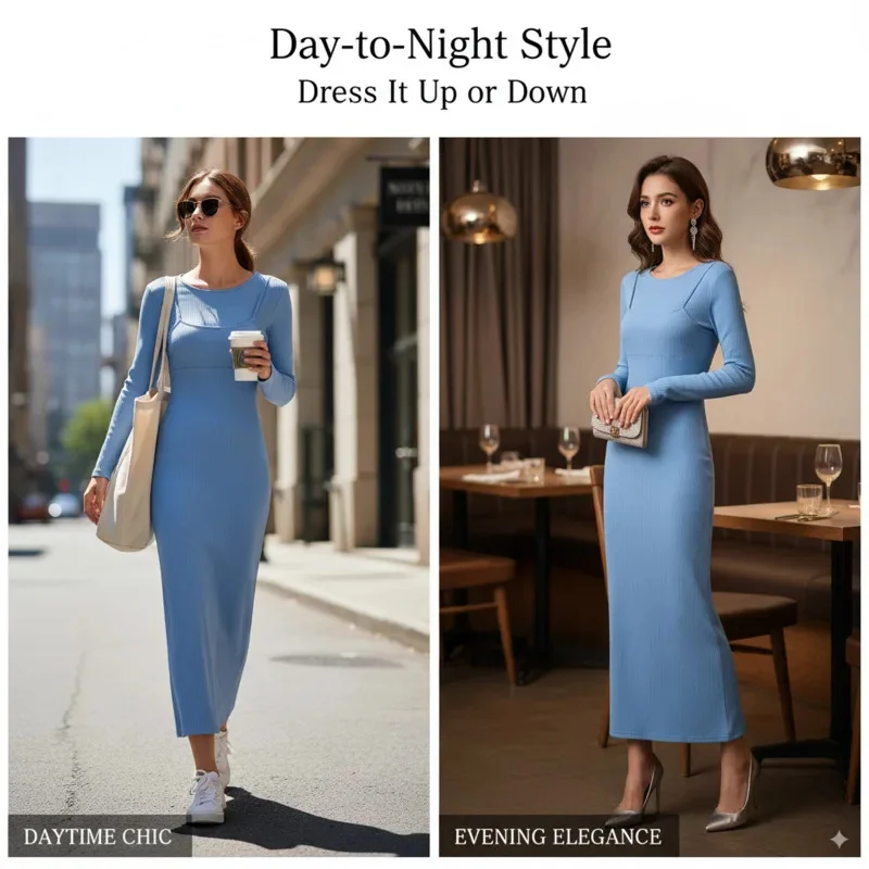 

Autumn 2025 Women’s Blue Long Sleeve Knit Dress Layered Design Slim Fit Round Neck Midi Dress Elegant Casual Work Outfit Top New
