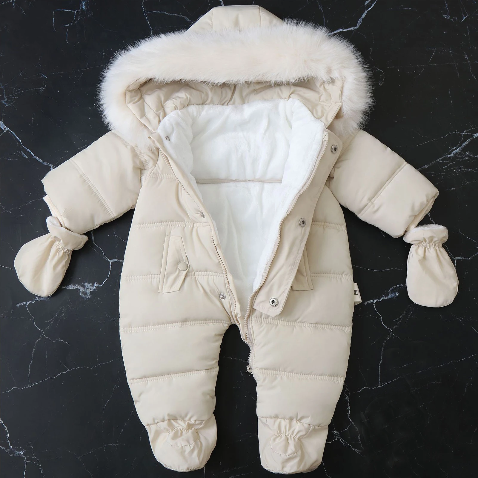 Babies Winter Snowsuit,Kids Fleece Rompers,Warm Fur Hooded Footie Skisuits,Toddlers Down Coat with Gloves,Boys Girls Jumpsuits
