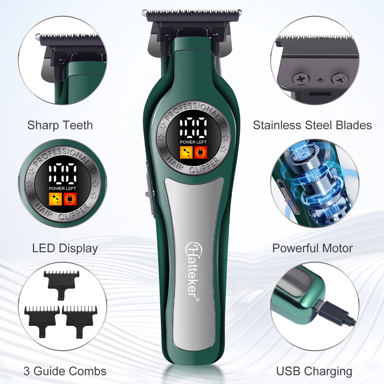 Hatteker Professional Electric Hair Clippers for Men Digital Display Thinning Shears Carving Salon Pompadour Haircut Tool White
