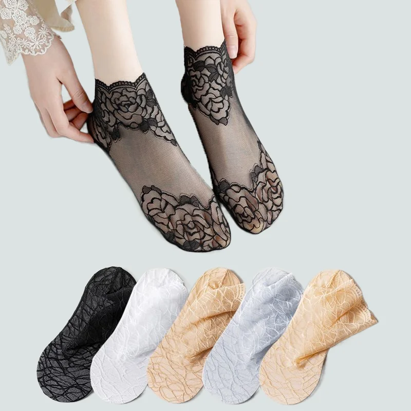 

5 Pairs Female High Quality Socks Women's Fashion Lace Flower Invisible Short No-Show Foot Ankle Set Antiskid Black Boat Sock