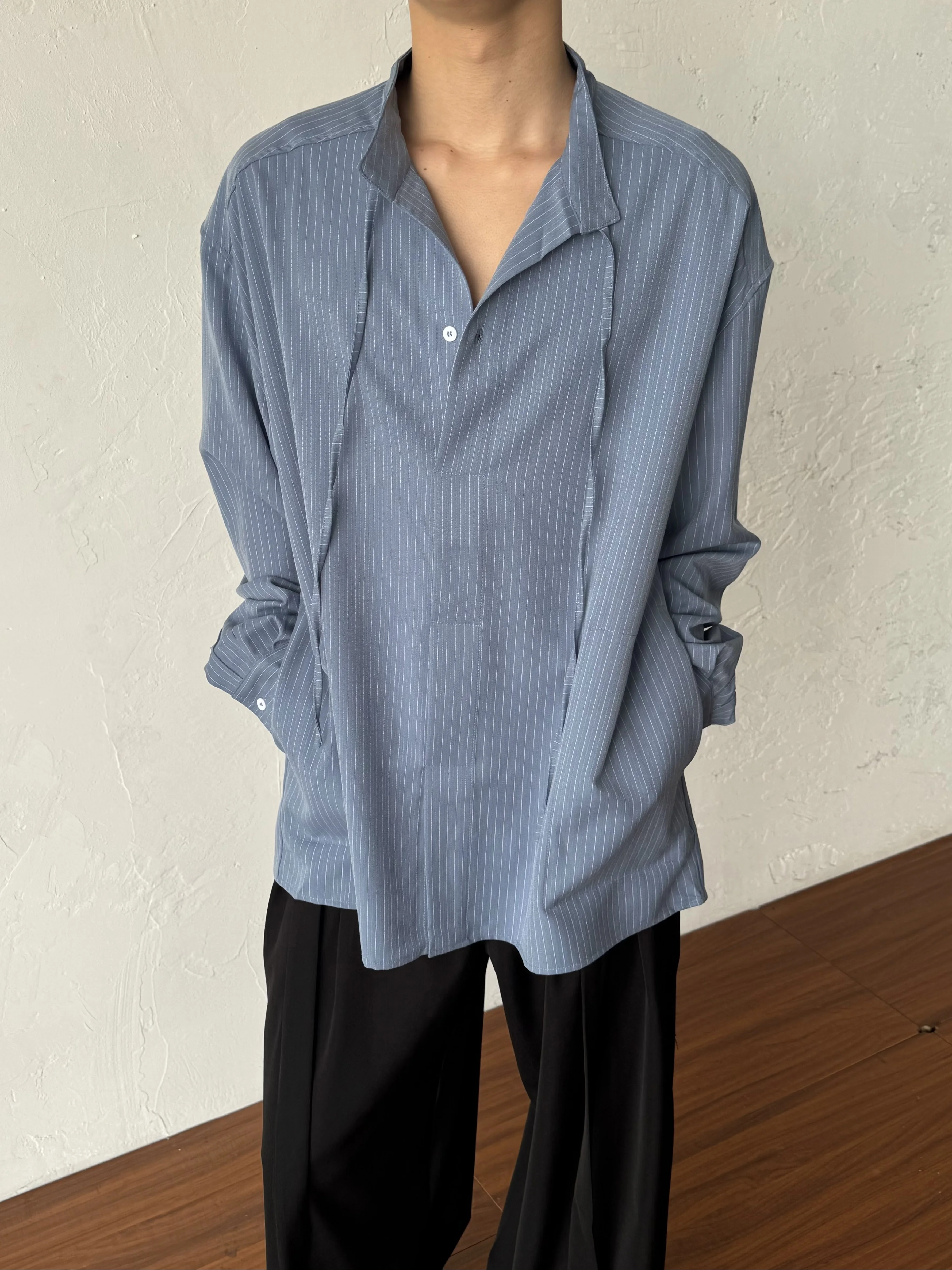 Spring 14GSL Minimalist Stripe Shirt Long Sleeve Stand Collar Tunic for Men And Women Breathable Comfortable Loose Fit Citywalk