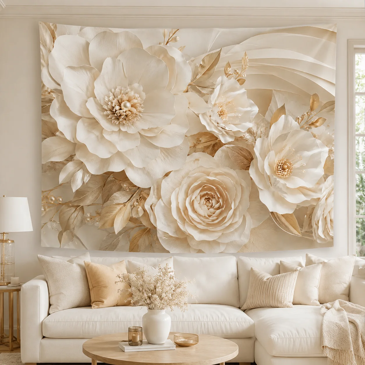 3D Flower Wall Tapestry Aesthetic Room Decor Large White Rose Tapestries for Bedroom Cream Floral Background Hanging Cloth