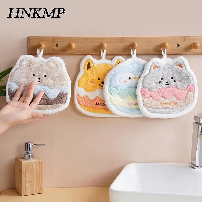 

Cartoon Burger Animal Towel Hanging Kitchen Hand Wipe Thickened Handkerchief Rag Absorbent With Hanging Loop Bathroom Supplies