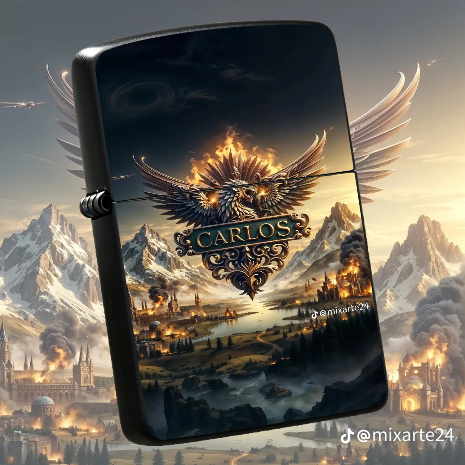Epic Fantasy Carlos Heraldry Themed Lighter, Retro Winged Griffin Emblem Print, Portable Practical Accessory For Daily, Outdoor Gathering, Multi-Scene Use, Exclusive Unique Vibe Decor Gift For A Humorous And Interesting Lighter