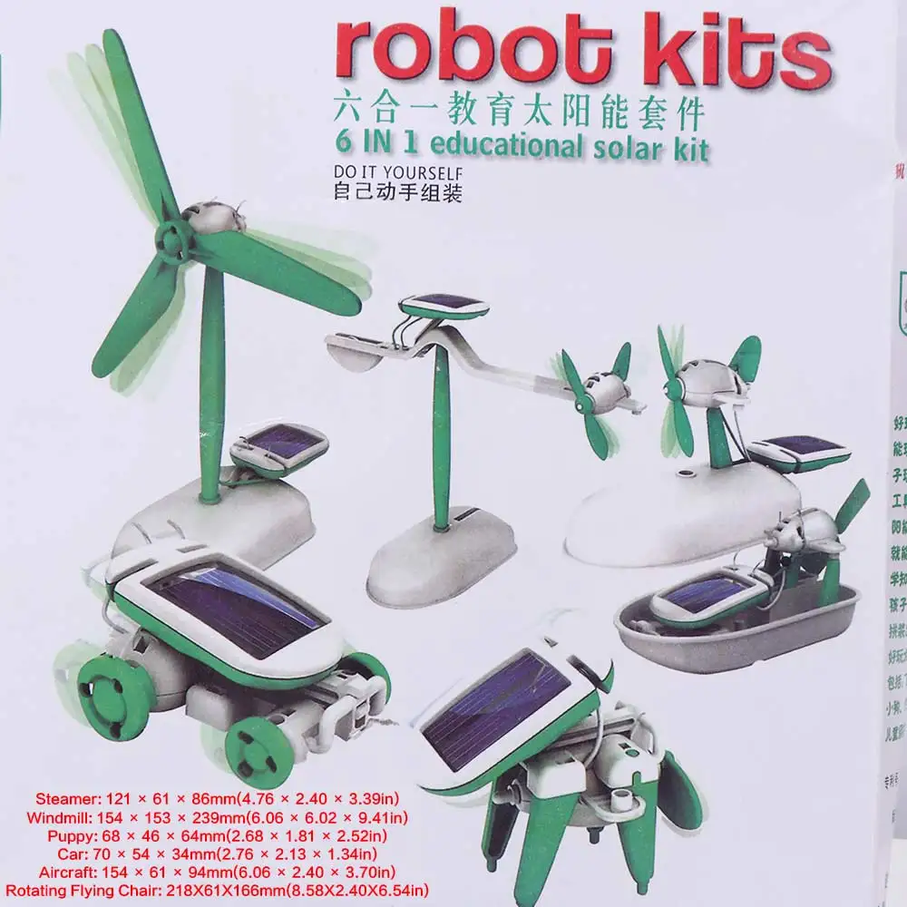 태양광 패널 6-in-1 태양광 로봇 재생 에너지 교육용 조립 선박 팬 비행기 보트 실험실 과학 실험 DIY