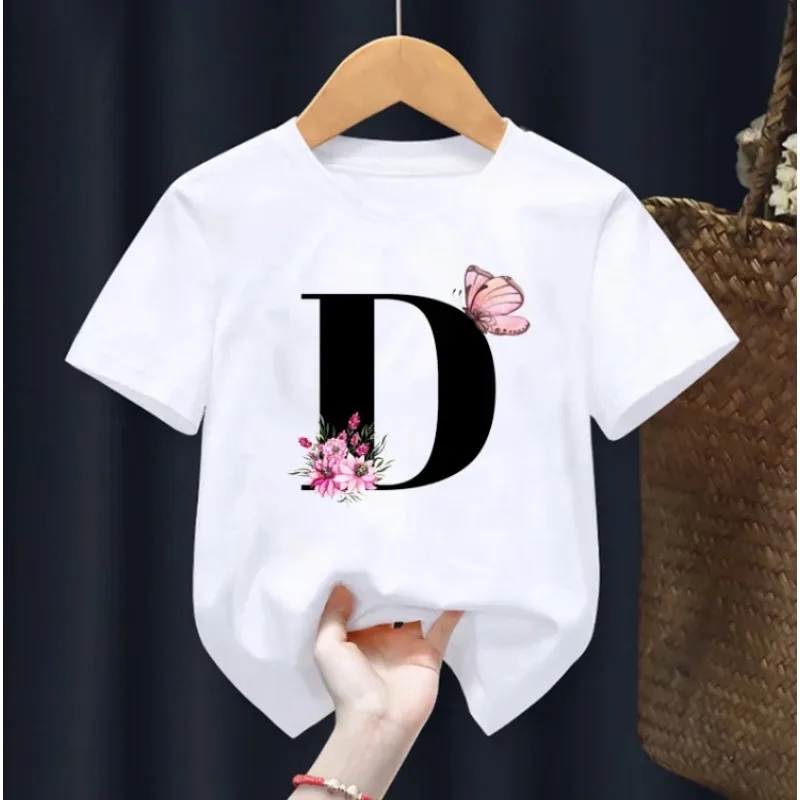 T-shirt imprimé lettres roses et papillons pour fille, vêtement décontracté, à la mode, nouvelle collection