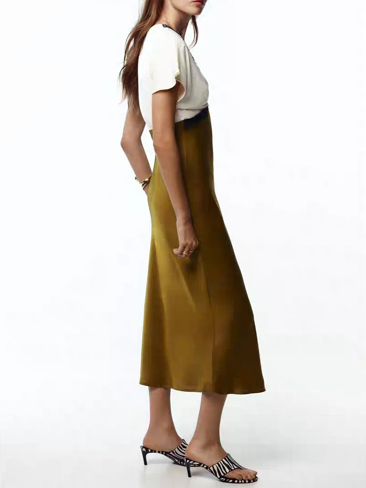 ชุดคอสตูมแฟชั่นสำหรับการแสดงบนเวที สีเอลี ผ้าซาตินเนื้อไหม แต่งขอบลูกไม้ ดีไซน์ใหม่สำหรับผู้หญิง ประจำฤดูร้อน 2025