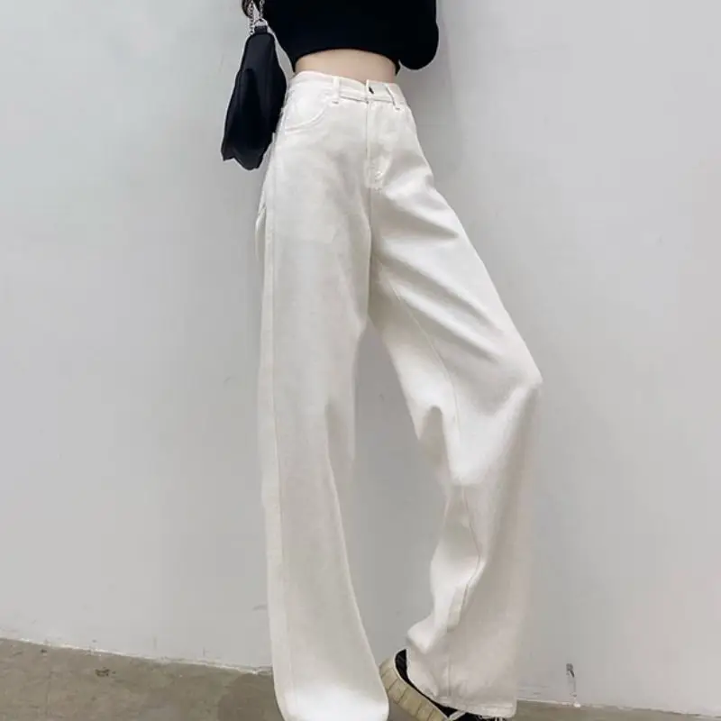 Young Lady Jeans Women Denim Summer Baggy Leisure Korean Style High Waist Wide Leg Sweet Girls All-match College Retros Solid