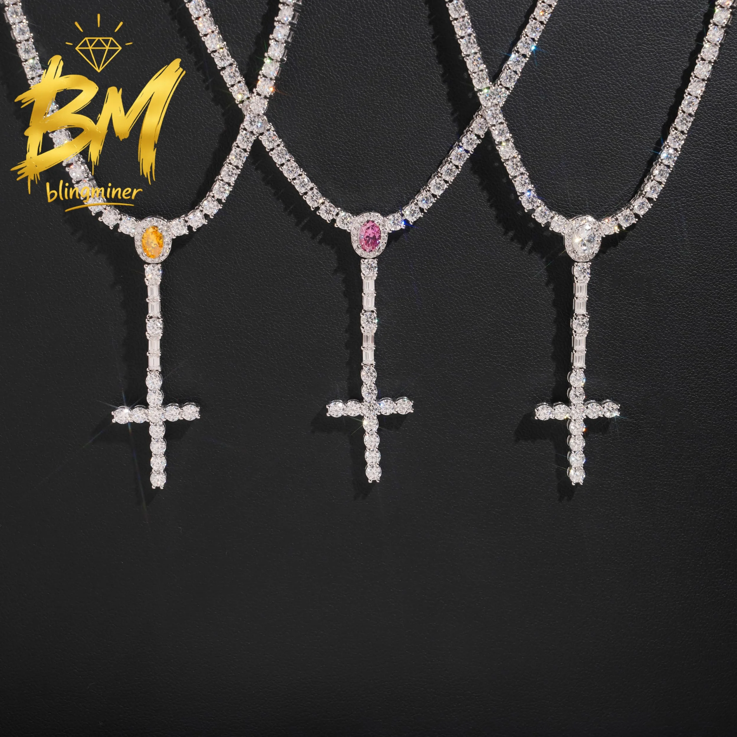 Blingminer Iced Out 3mm Cross VVS Moissanite Tennis NecklaceI For Men Women S925 Silver Jewelry Pass Diamonds Tester GRA Free Sh
