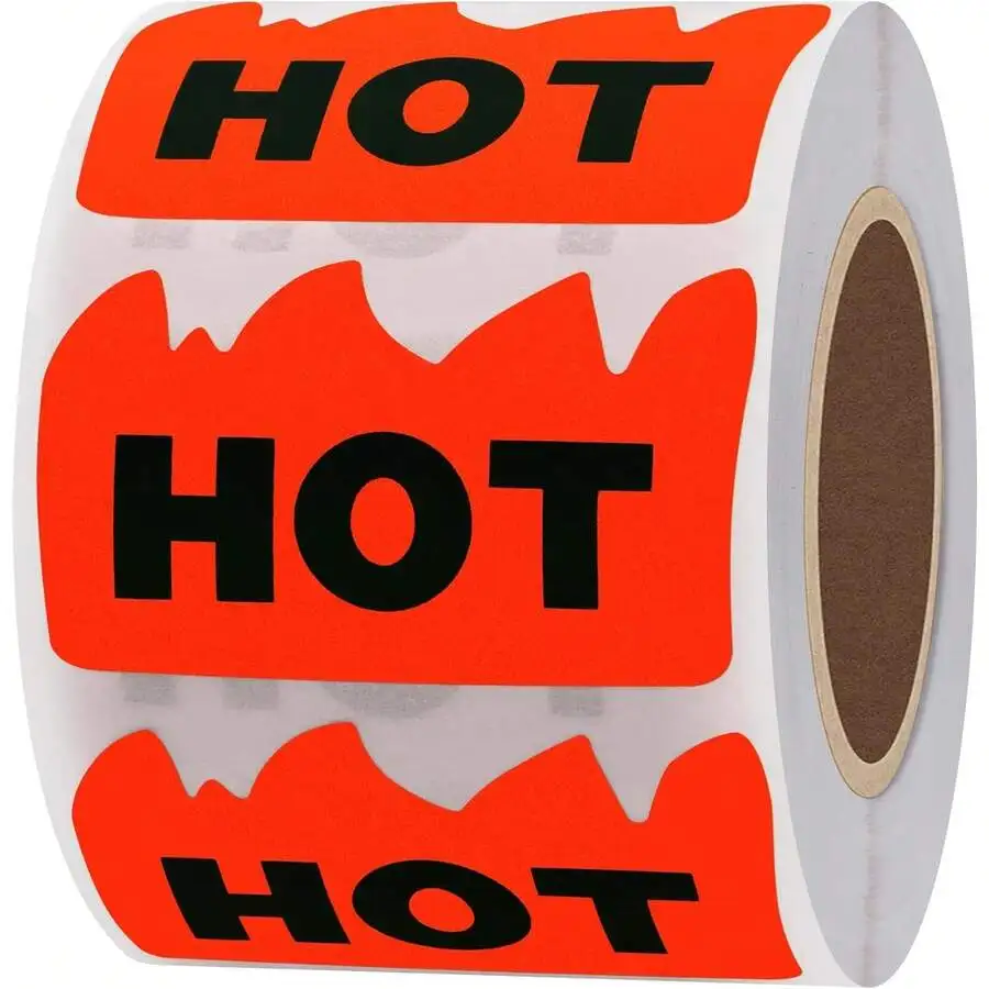 Hybsk 500pcs Rave Hot Stickers 2" X 1-1/5 Inch Fluorescent Red Hot Flame Fire Shape Labels Marking Popular Items For Restauresent Supermarkets Stores Shops (Fluorescent Red)