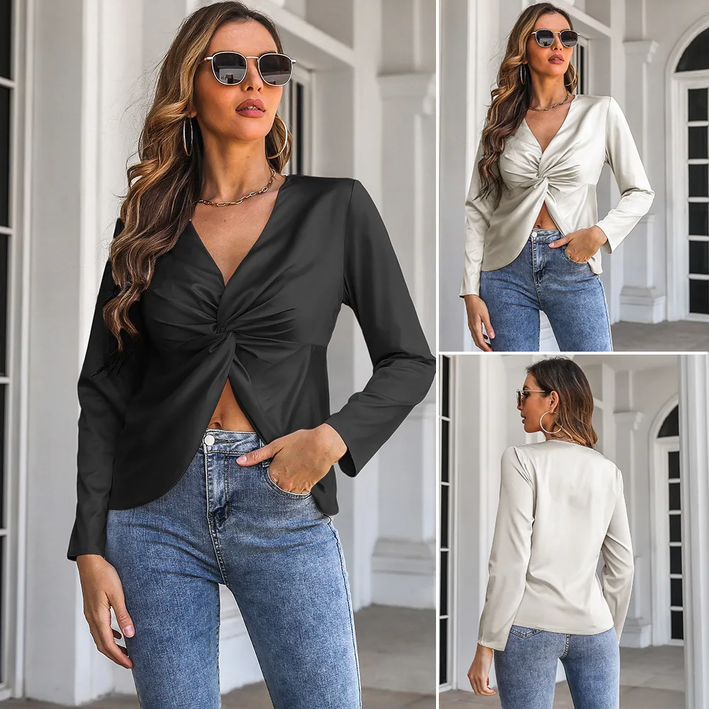 

2025 Spring Summer Women's Shirt Kink Satin Shirt Long Sleeve Shirt For Women Solid Color V Neck Office Lady Shirt Women's Tops