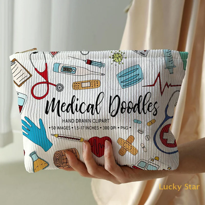 

Medical Graffiti Printed Corduroy Makeup Bag Portable Travel Storage Bag Fashion Large Capacity Cosmetic Bags Toiletry Bags