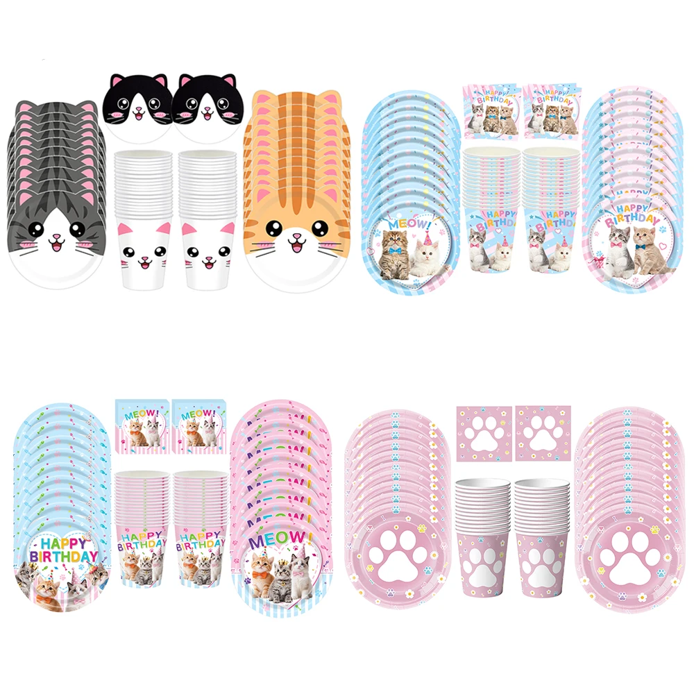 Katzen-Themen Einweggeschirr-Set Pappteller Becher Servietten Tischdecke Haustier Kätzchen Thema Kinder Geburtstag Party Dekoration Zubehör – Detail 1