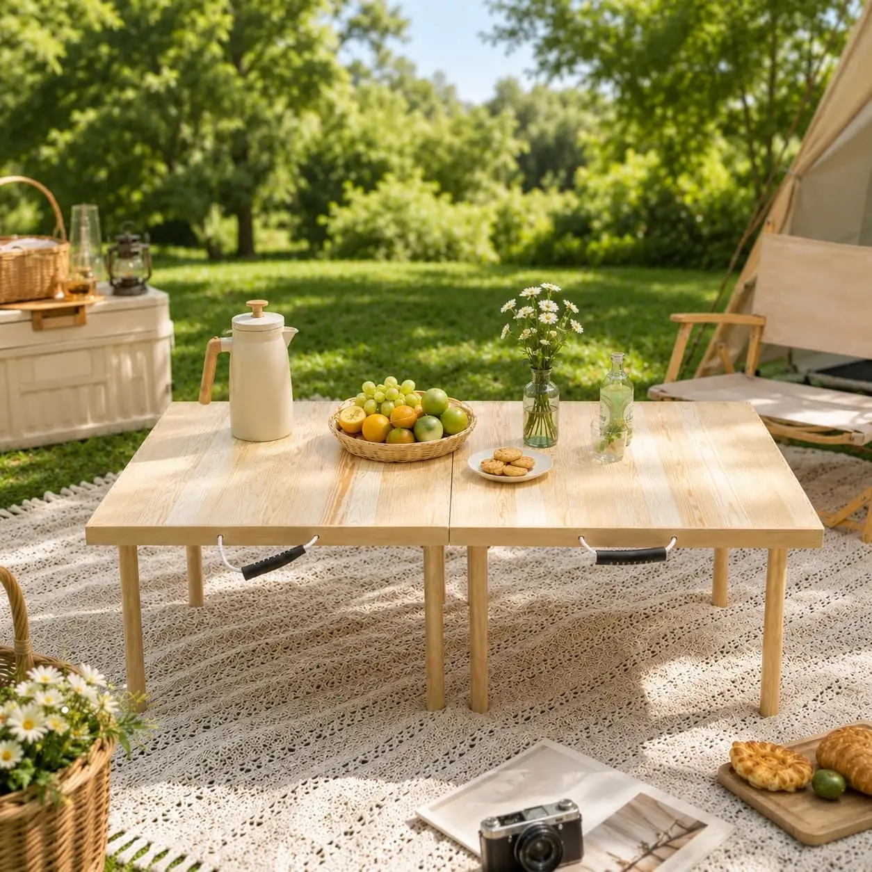 Picnic Table, Portable Wood Picnic Desk,Solid Wood Picnic Table, Boho Low Picnic Floor Desk for Beach, Camping, Backyard, Floor Seating
