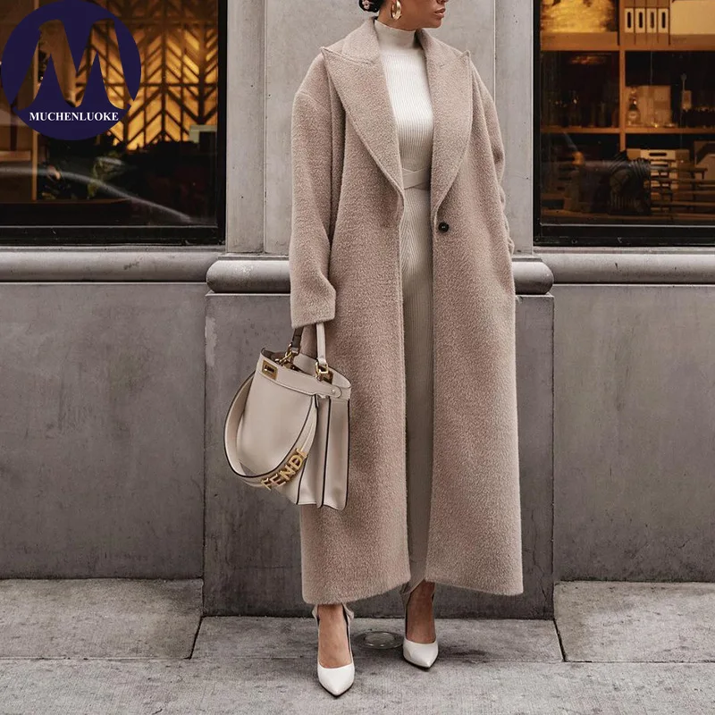 

Пальто для женщин, осень-зима, элегантное длинное шерстяное пальто с лацканами на одной пуговице, корейское модное повседневное свободное утолщенное теплое пальто