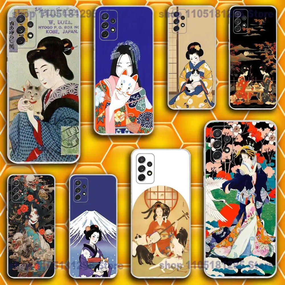 

Japanese Kimono Cat Phone Case For Samsung S30,23,21,22,20 FE lite,S10,9,PIus Note20ultra Soft Transparent