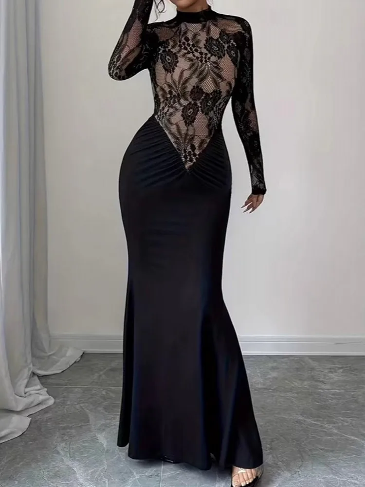 2026 Spring Autumn Winter Dress Women Long Sleeve O-Neck Solid Sexy Elegant Evening Party Skinny Stretch Maxi Bodycon Dresses