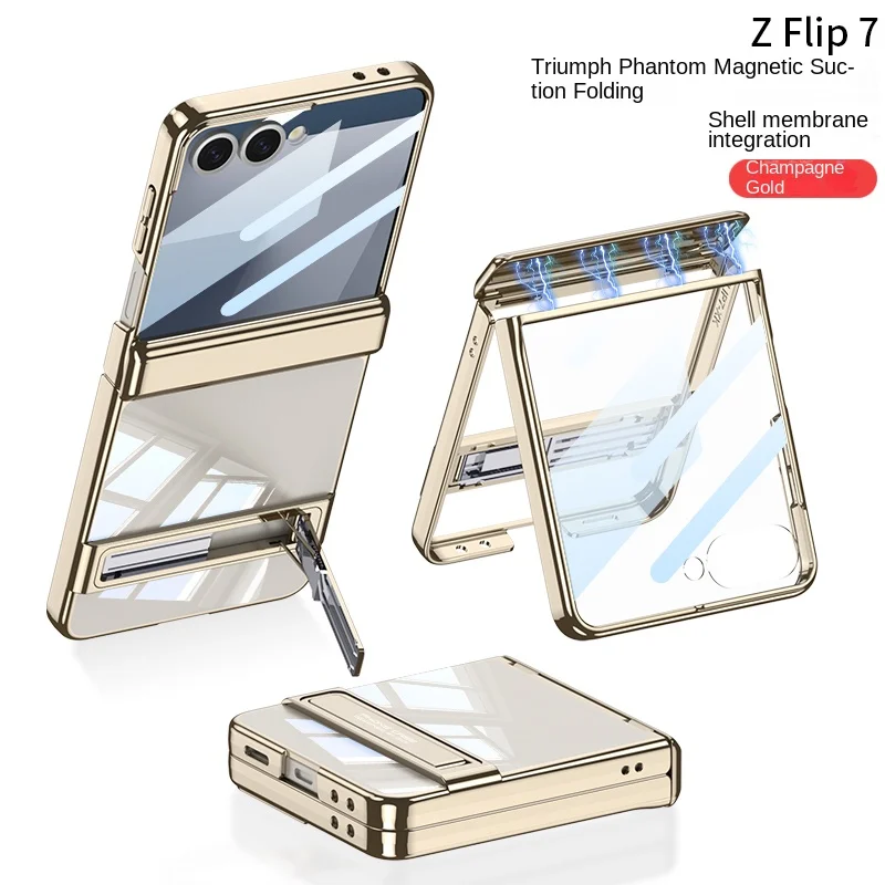 

Чехол для Samsung Galaxy Z Flip 7, жесткий прозрачный средний шарнир с подставкой, защитная задняя крышка, чехол для Z Flip 7, чехол для телефона