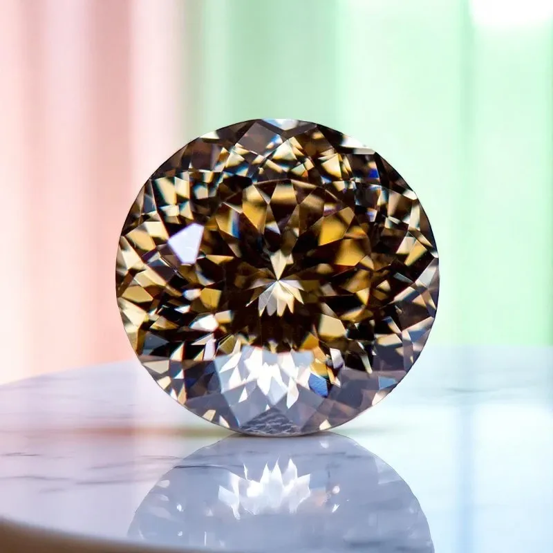 Moissanite Stone Natural Color Champagne Round Shape 100 Faceted Cut Lab Grown Diamond Charms Jewelry Gift with Certificate