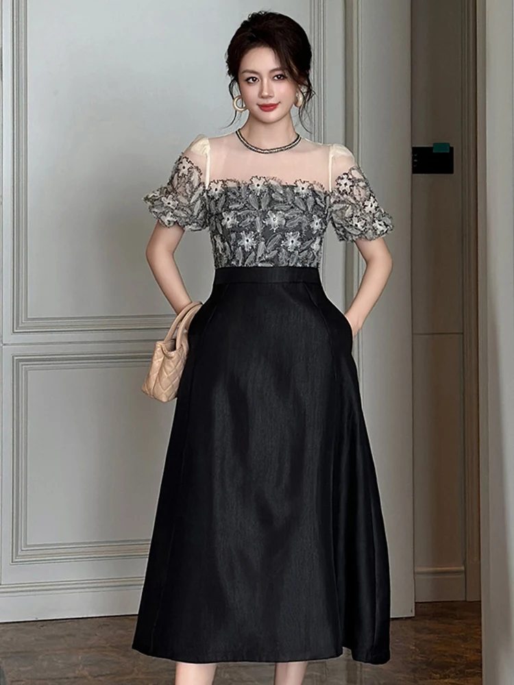 Damska Sukienka Wieczorowa Czarna Koronkowa Imitacja Dwuczęściowa Krótki Rękaw Wyszczuplająca Linia A Długa Elegancka Modna Impreza Bal Studniówkowy Vestido Robe Lato