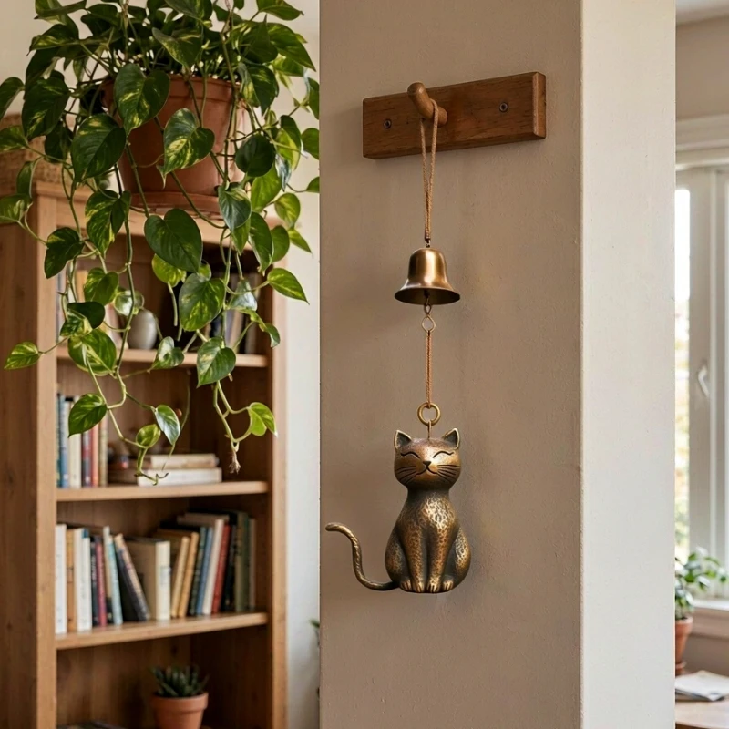 Antique Bronze Sitting Cat Figurine Wind Chime Metal Hanging Bell Ornament for Garden Patio Balcony Porch Home Decoration