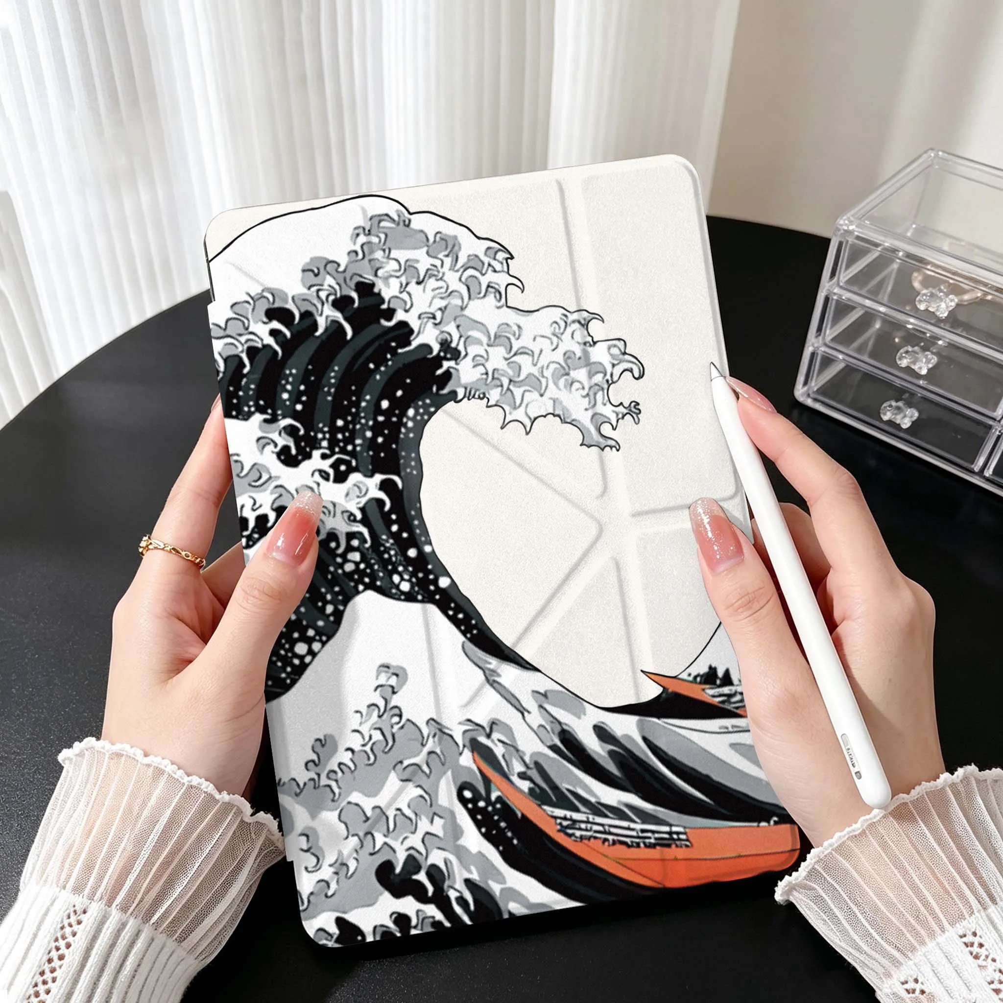 Great Wave Cartoon Case For Samsung Galaxy Tab A9 A8 A11 S6 S7 S8 S9 S10 FE Plus Lite Transparent Y-Shaped Folding Tablet