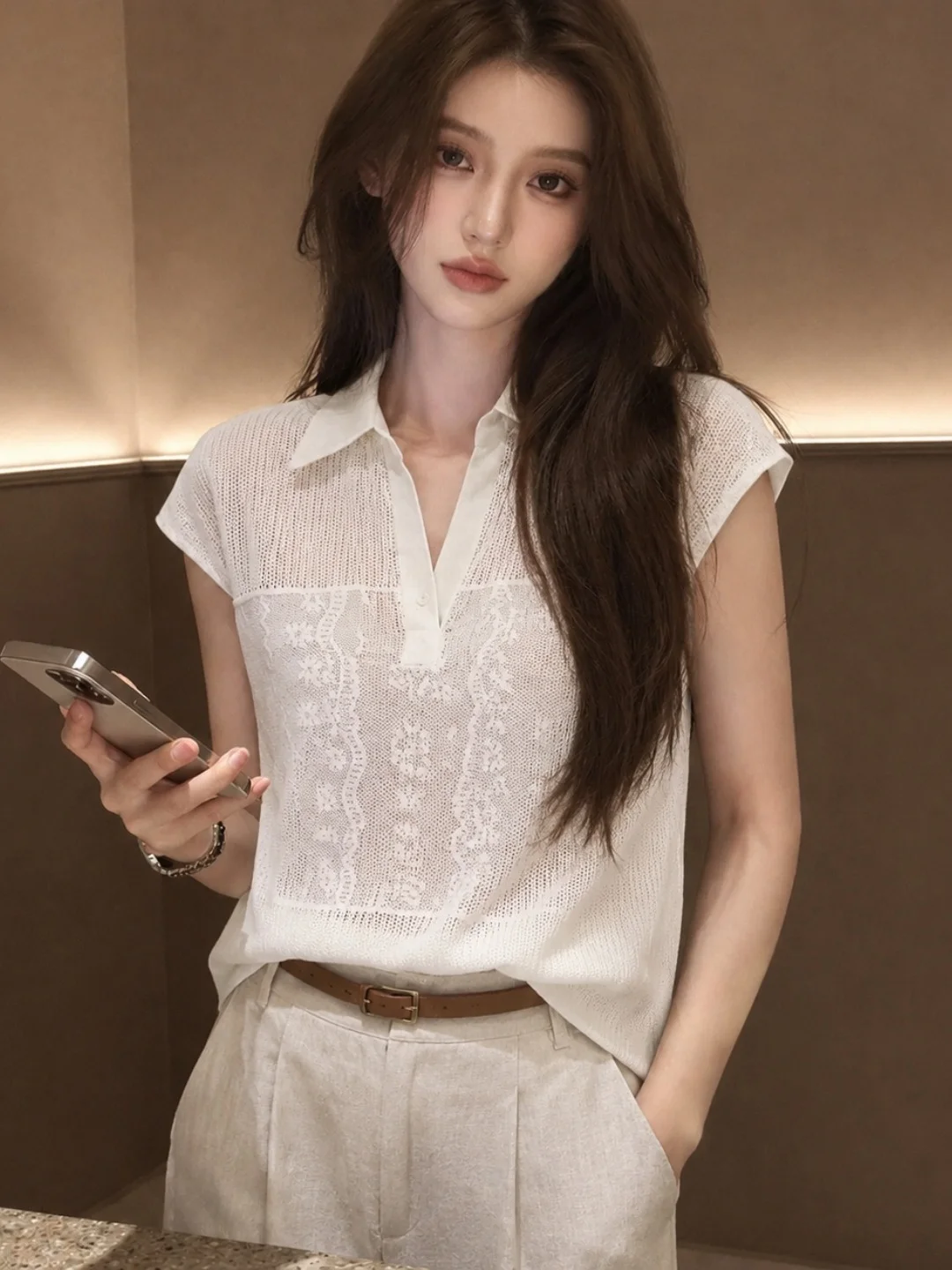 

Elegant Embroidered Ice Silk Knitted Top Women's Soft Fashionable Summer Flip Collar Shirt Korean Style Straight Cut Sun Prot...