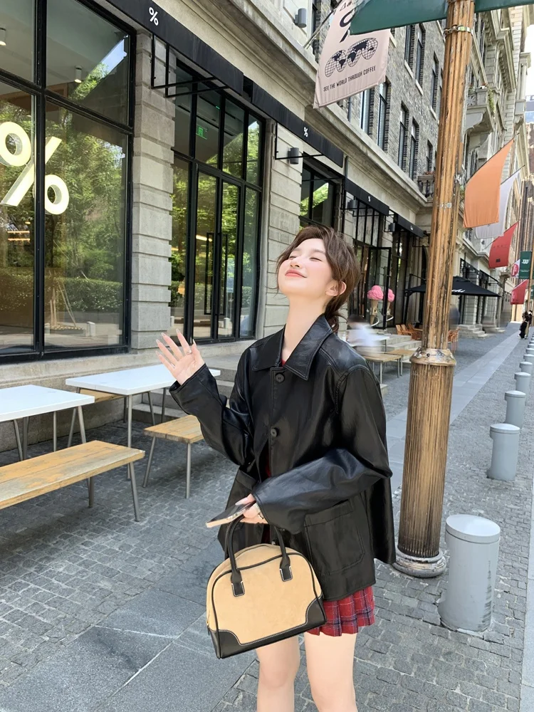 

Bla PU Leather Jaet Women's Spring Autumn Flip Collar Small Size 2026 New Retro Coat Top Commute Sle Loose Fit Long Sve