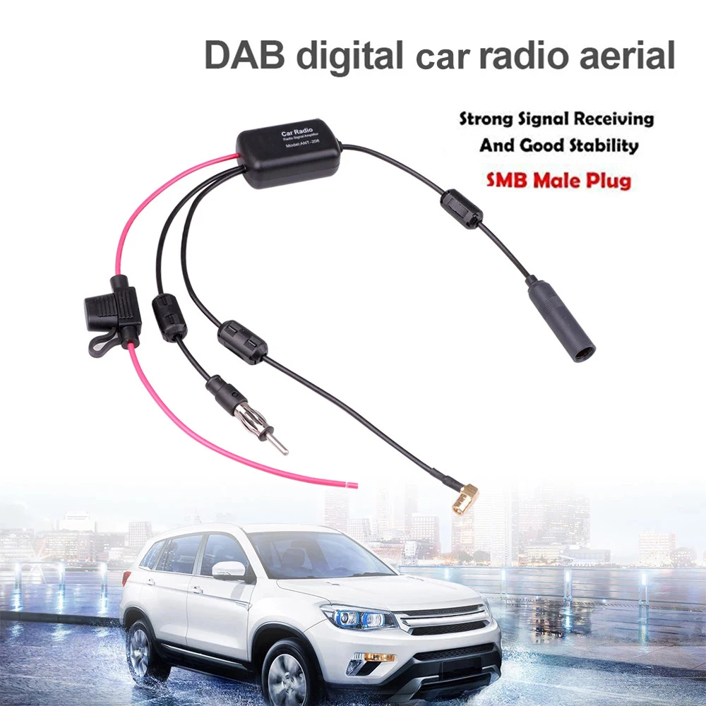 DAB + FM + Car เสาอากาศสเตอริโอเสาอากาศอะแดปเตอร์สายแยก12V penguat sinyal Radio เสาอากาศบูสเตอร์อุปกรณ์เสริมรถยนต์