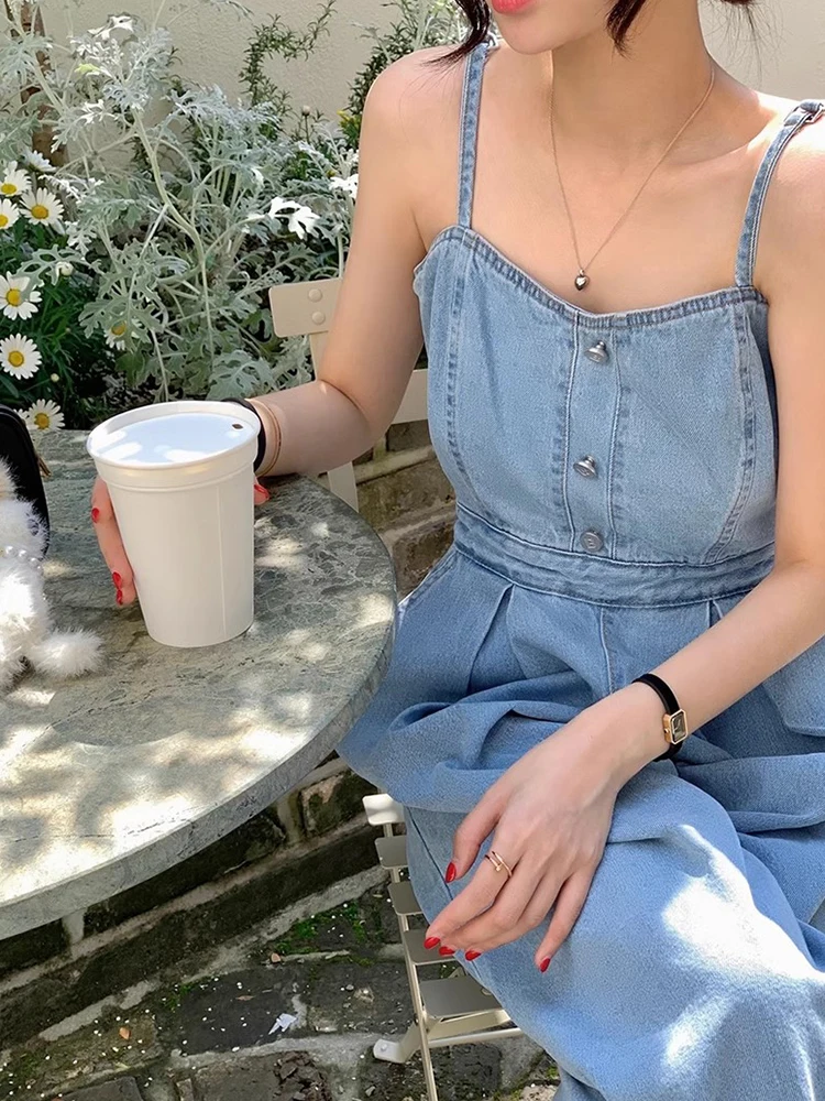 Retro Spaghetti Straps Wrapped Chest High Waist Denim Jumpsuit 2023 Summer Casual Strap Wide Leg Pants Rompers Women Jumpsuits