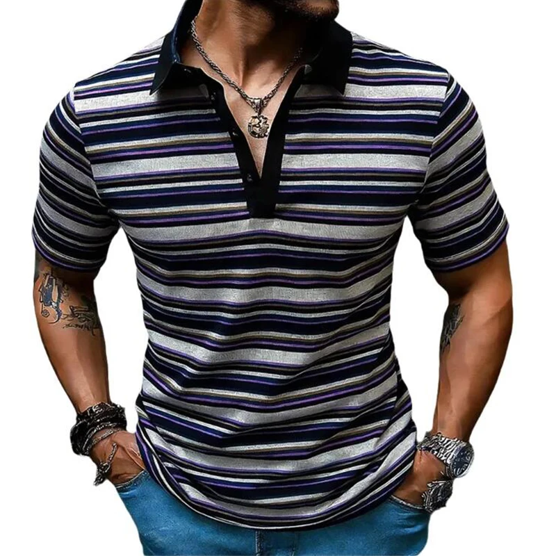 Summer Men's Colored Striped Short Sleeve Polo Shirts Casual Contrast Lapel Collar Breathable T-Shirt Streetwear Basic Top