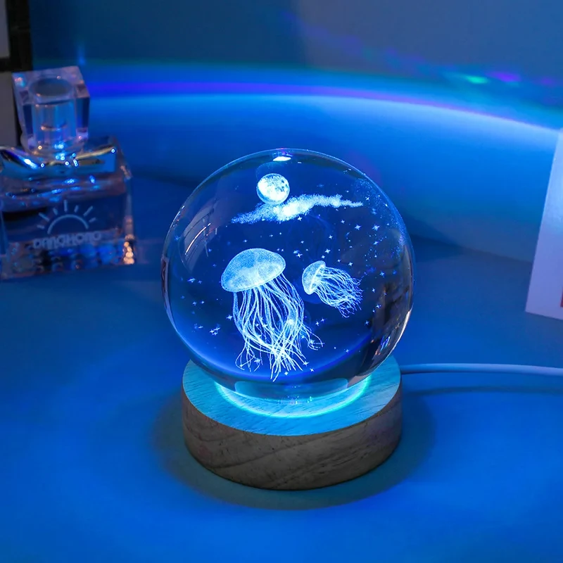 3D Jellyfish Laser Engraved Crystal Ball LED Night Light Birthday Girlfriend Classmate Wife Children Christmas Day Gift Decor