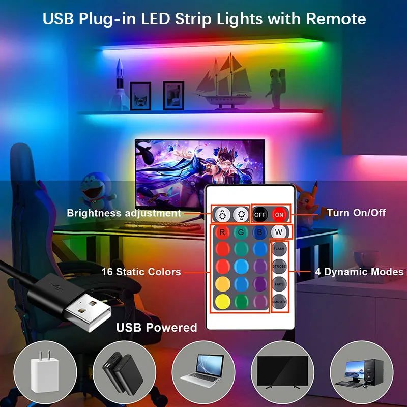 أضواء شريطية LED RGB مع جهاز تحكم عن بعد - 16 لونًا، و4 أوضاع ديناميكية، والتطبيق والتحكم بالأشعة تحت الحمراء للتلفزيون وغرفة النوم والمسرح المنزلي