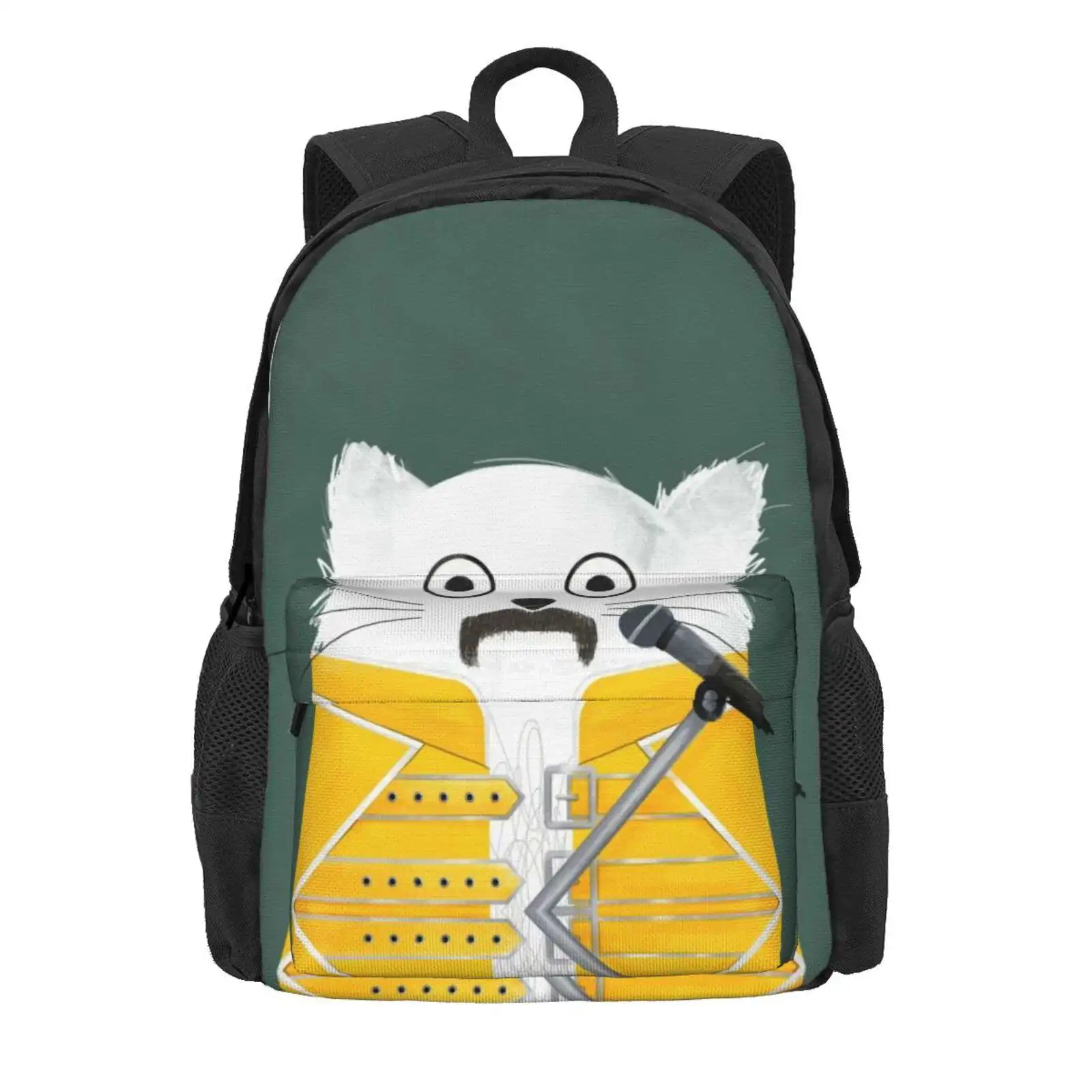 Cat Freddie Hot Sale Schoolbag Backpack Fashion Bags Freddie Music Microphone Leather Jacket Yellow Green Cute Cat Singer