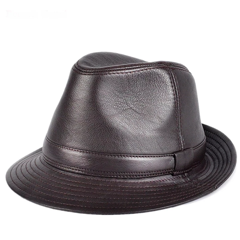 

Man High Quality Genuine Leather Jazz Fedora Gentleman Cow Skin Short Brim Black/Brown Hip Pop Fitted Top Hat Male Shows Topper