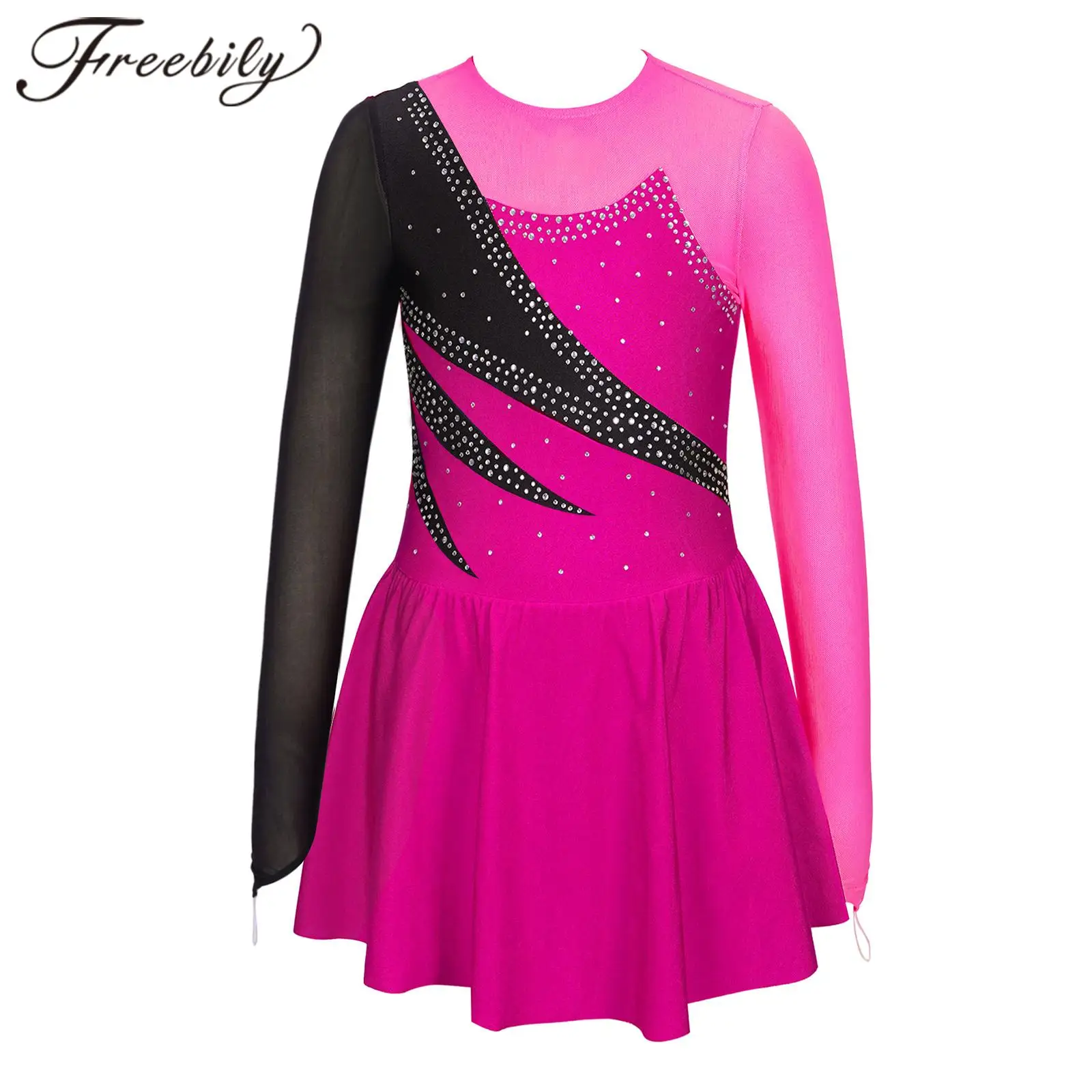 Figure Skating Dress Kids Girls Long Sleeve Rhinestone Patchwork Ballet Gymnastics Leotard Dance Dress for Dancing Competition