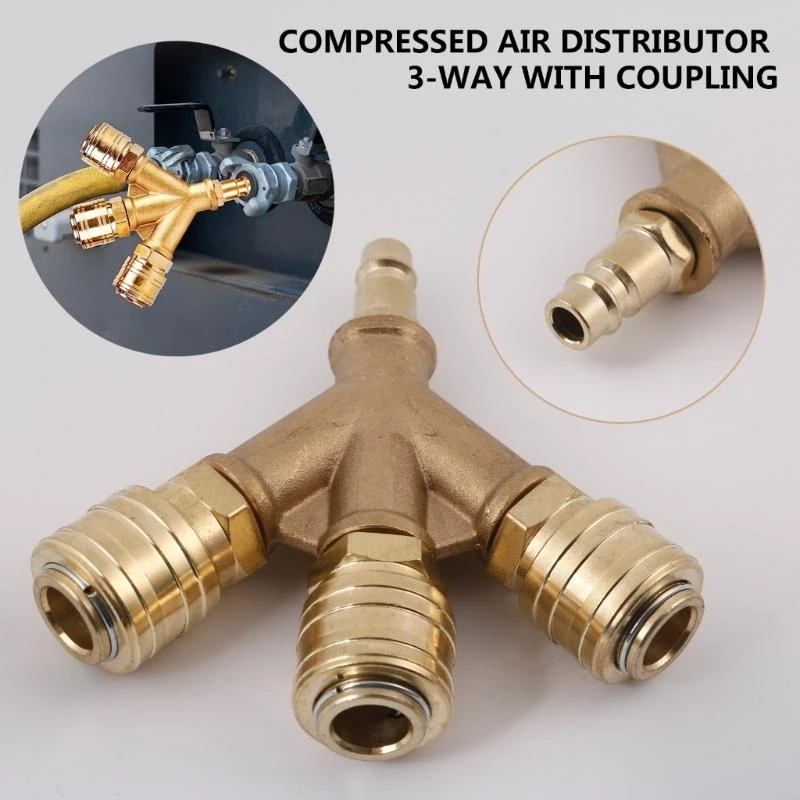 C7AB Heavy Duty Brass Compressed Air Distributor 3-Way with Couplings 1/4Inch AirHose