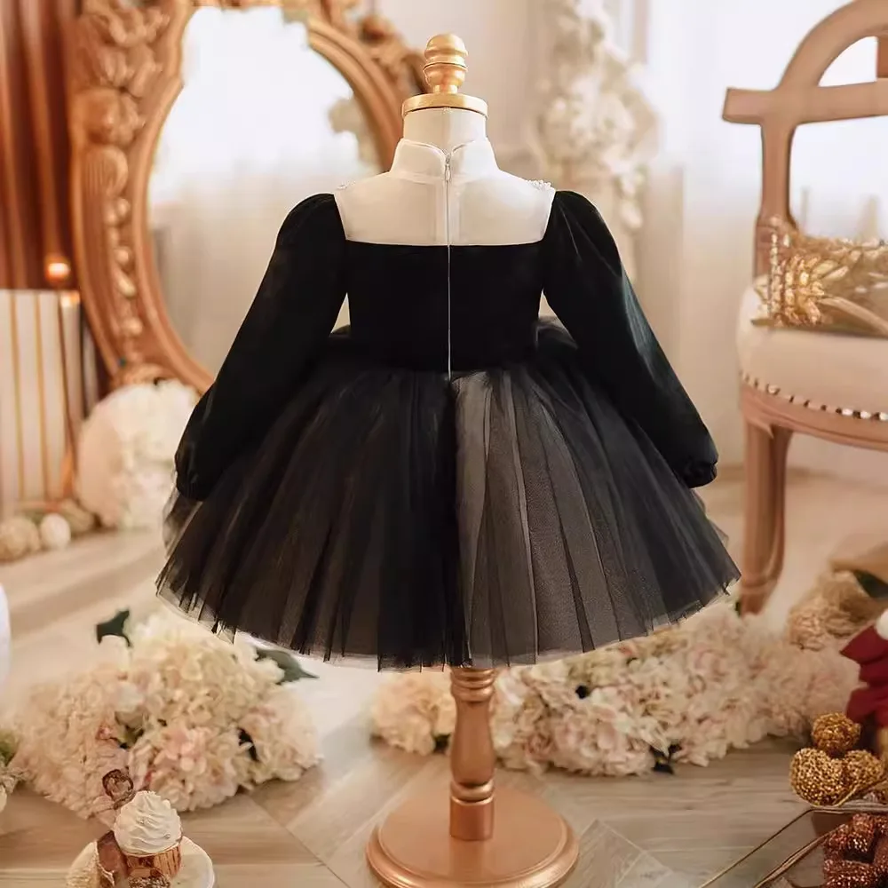 2024 New Girls Evening Black Princess Ball Gown Kids Elegant Long Sleeve Birthday Party Boutique Dress y1230