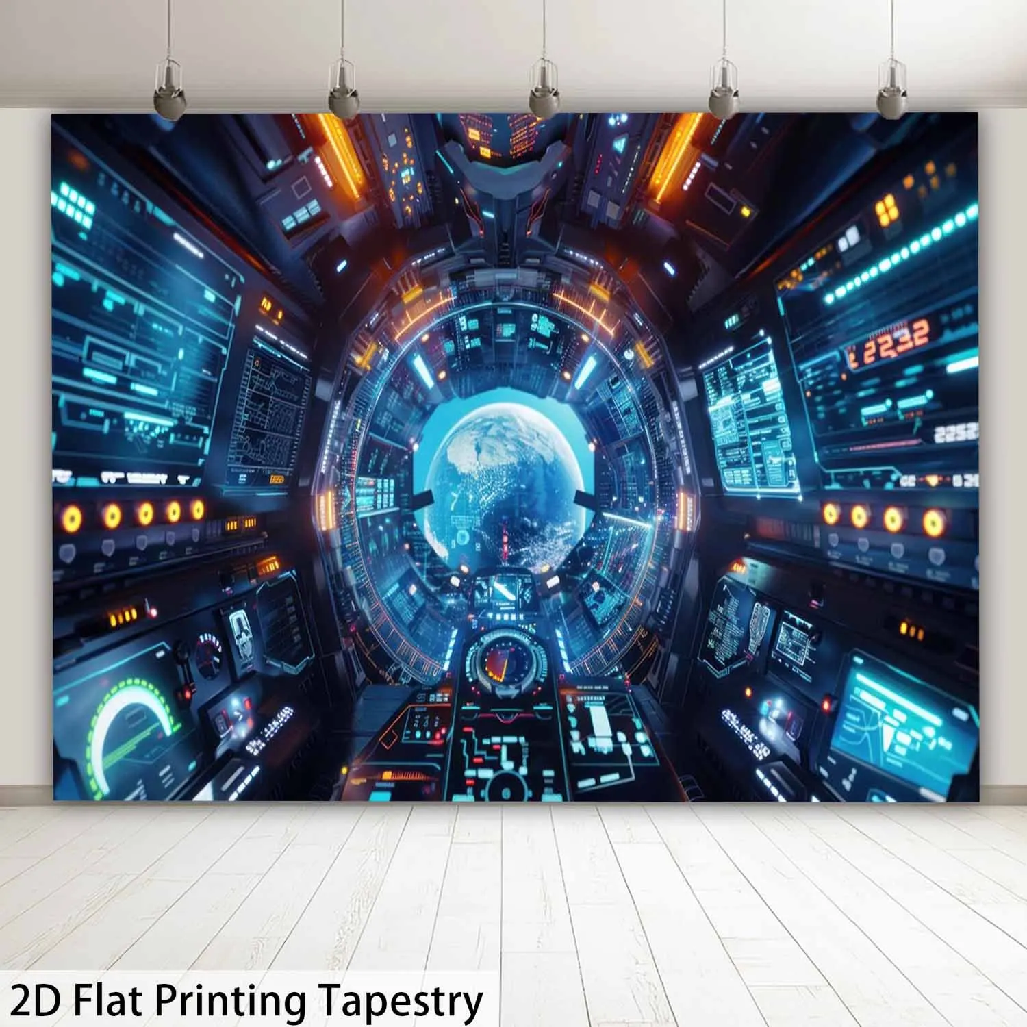 Futuristic Space Ship Scene Tapestry Planet Earth Background Digital Art Wall Hanging for Gaming Room or Living Room Decor