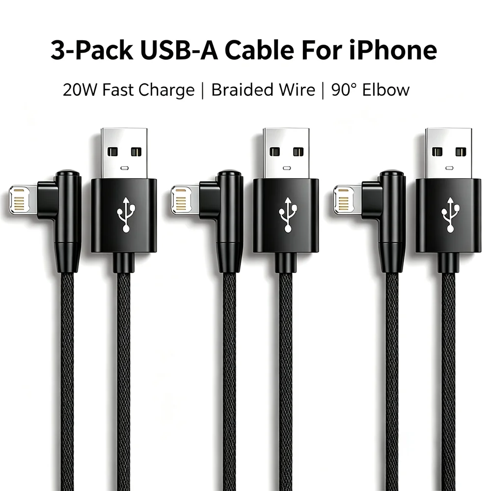 3PCS 90° Elbow 20W USB Fast Charge Cable For iPhone 11 12 13 14 Pro Max X XR XS Max 14 Plus SE Rapid Charging Braided Data Cable