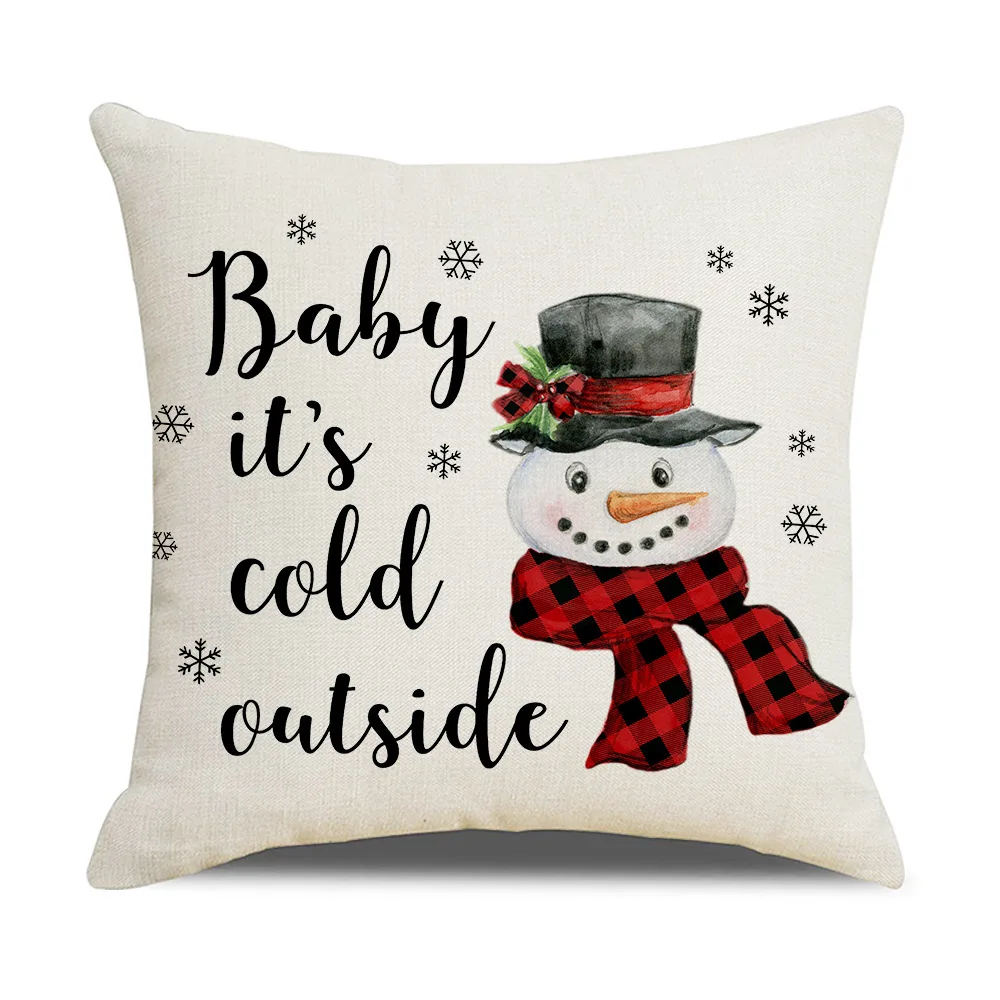 Christmas Decor Cushion Cover 18 Inches Linen Throw Pillow Case Xmas Home Decorations Santa Snowman Bells Stocking Pillow Covers